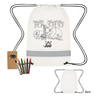 3300 - Lil' Bit Reflective Non-Woven Coloring Drawstring Bag With Crayons