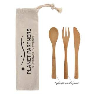 2421 - 3 Piece Bamboo Utensil Set In Travel Pouch