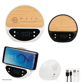 26521 - 10W Bamboo Wireless Charger With Digital Clock