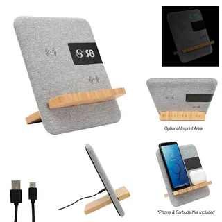 25176 - Fabric & Bamboo Wireless Charger With Clock