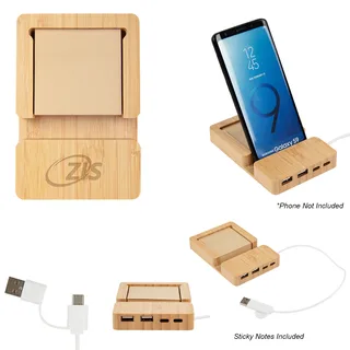 28333 - Bamboo Multi-Port Hub With Phone Holder & Sticky Notes