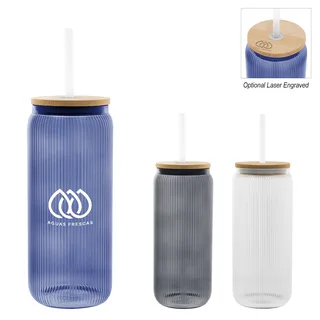 50167 - 20 Oz. Ribbed Borosilicate Glass Can With Bamboo Lid